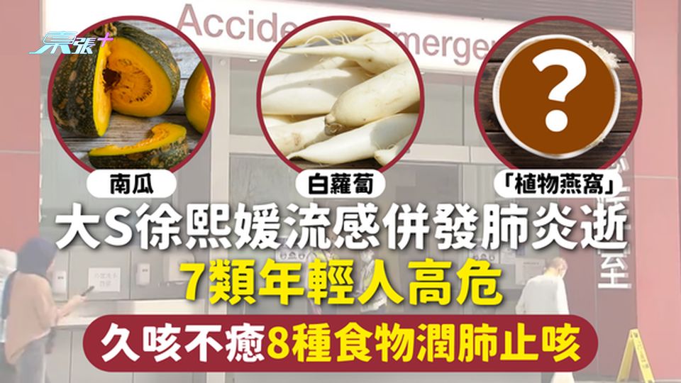 流感 | 大S徐熙媛流感併發肺炎逝 7類年輕人高危😷 久咳不癒8種食物潤肺止咳🫁