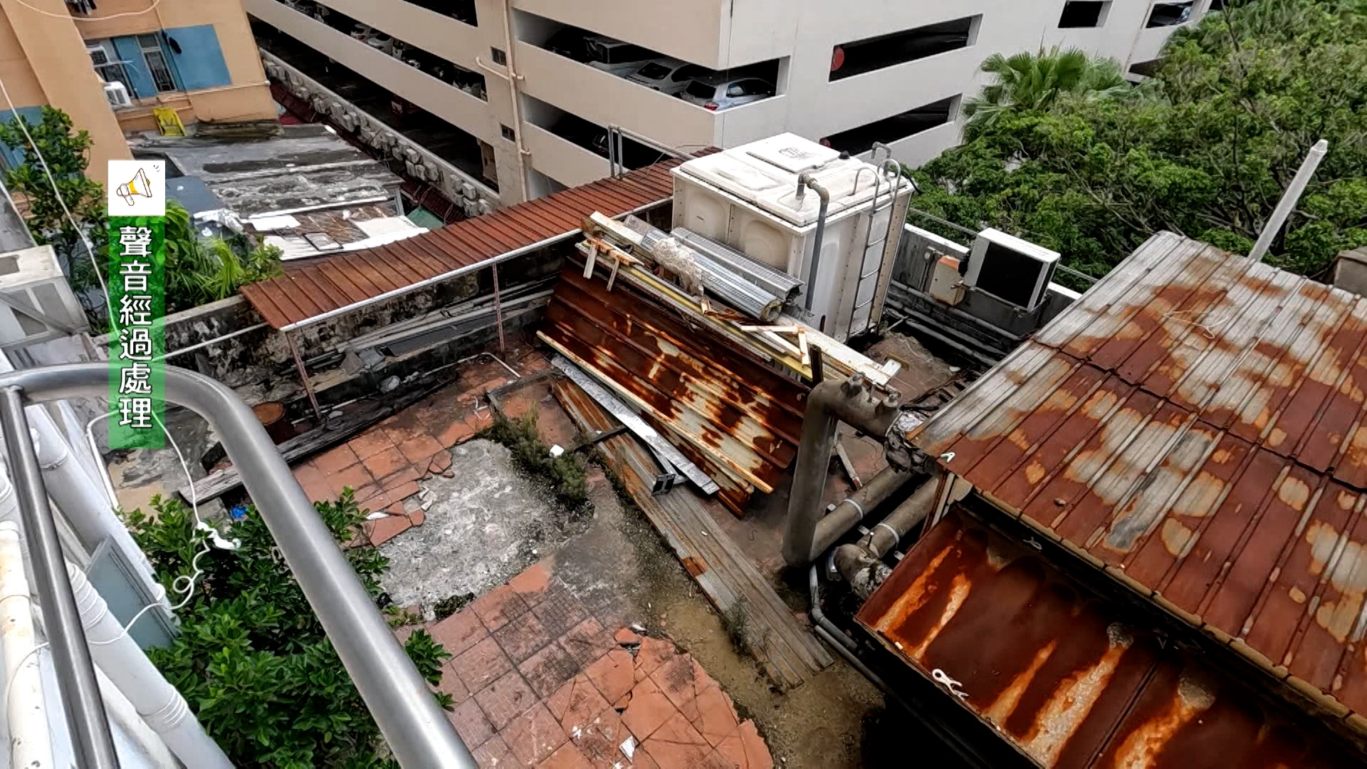 4樓平台的磚塊破爛，有積水、青苔和樹。劉小姐認為平台日久失修，懷疑其防水層已經被破壞，令到樓下滲水，以及不斷發生塌天花的情況。