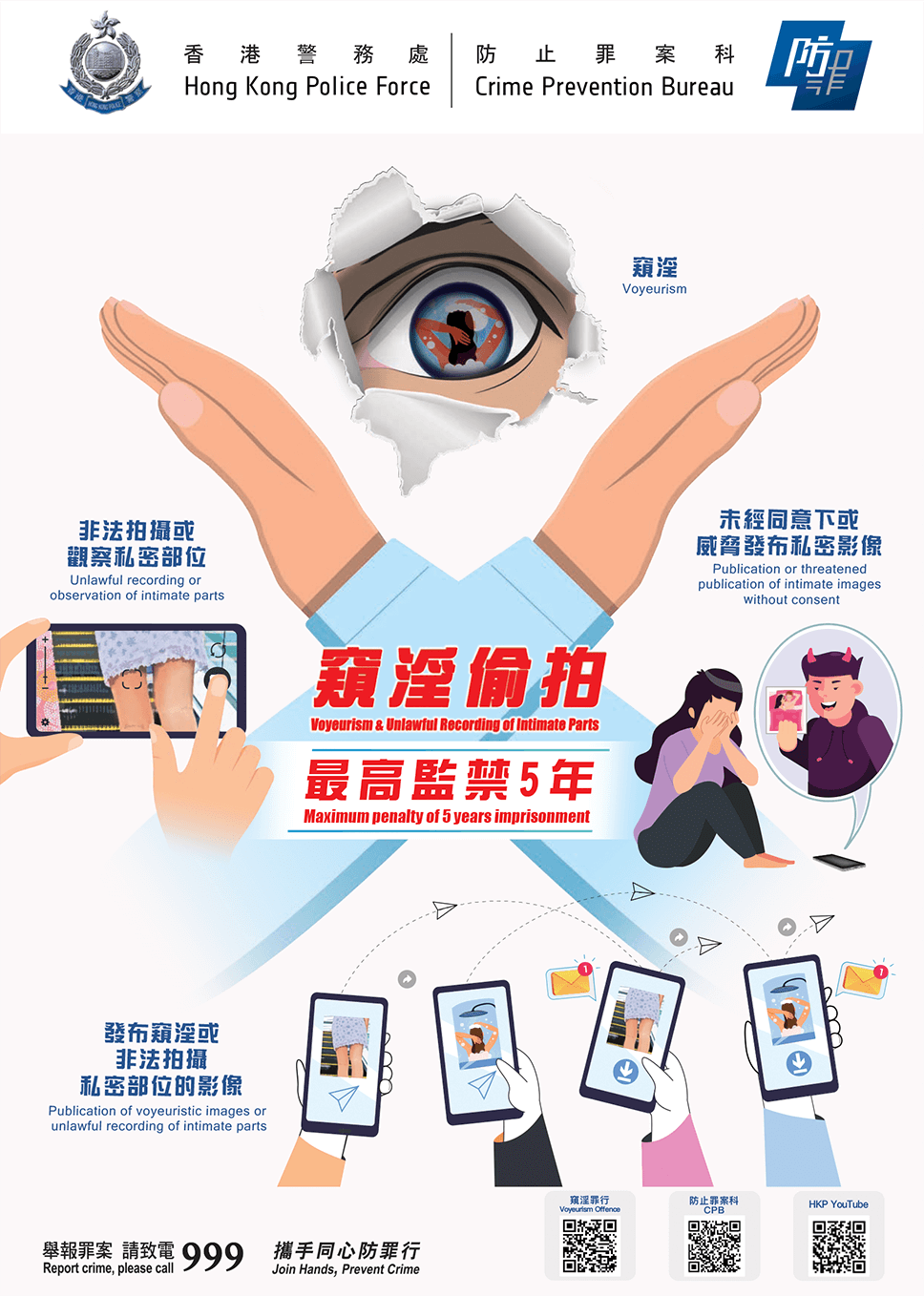 根據香港法例第200章《刑事罪行條例》，包括窺淫、偷拍及未經同意發布私密影像等行為，任何人干犯以上罪行，最高可被判監禁五年。