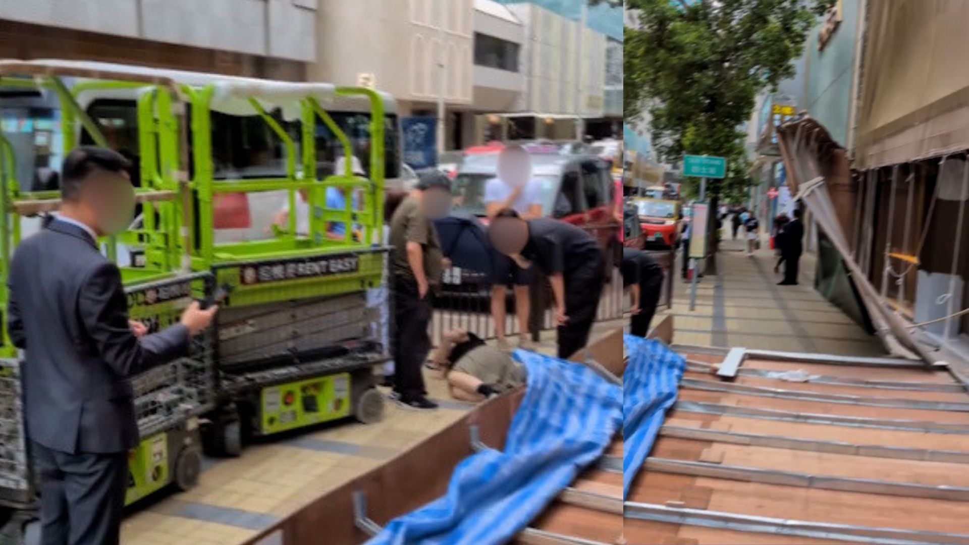 尖沙咀廣東道4至8號對開一間店舖的裝修圍板突然塌下，擊中途經的一對父女。