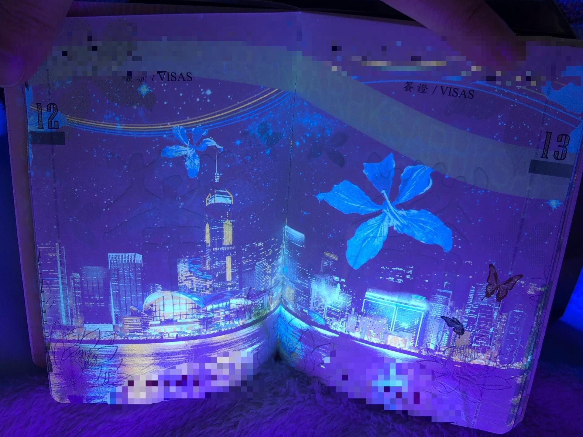 香港護照內頁UV燈照射下的樣子。(網上圖片)