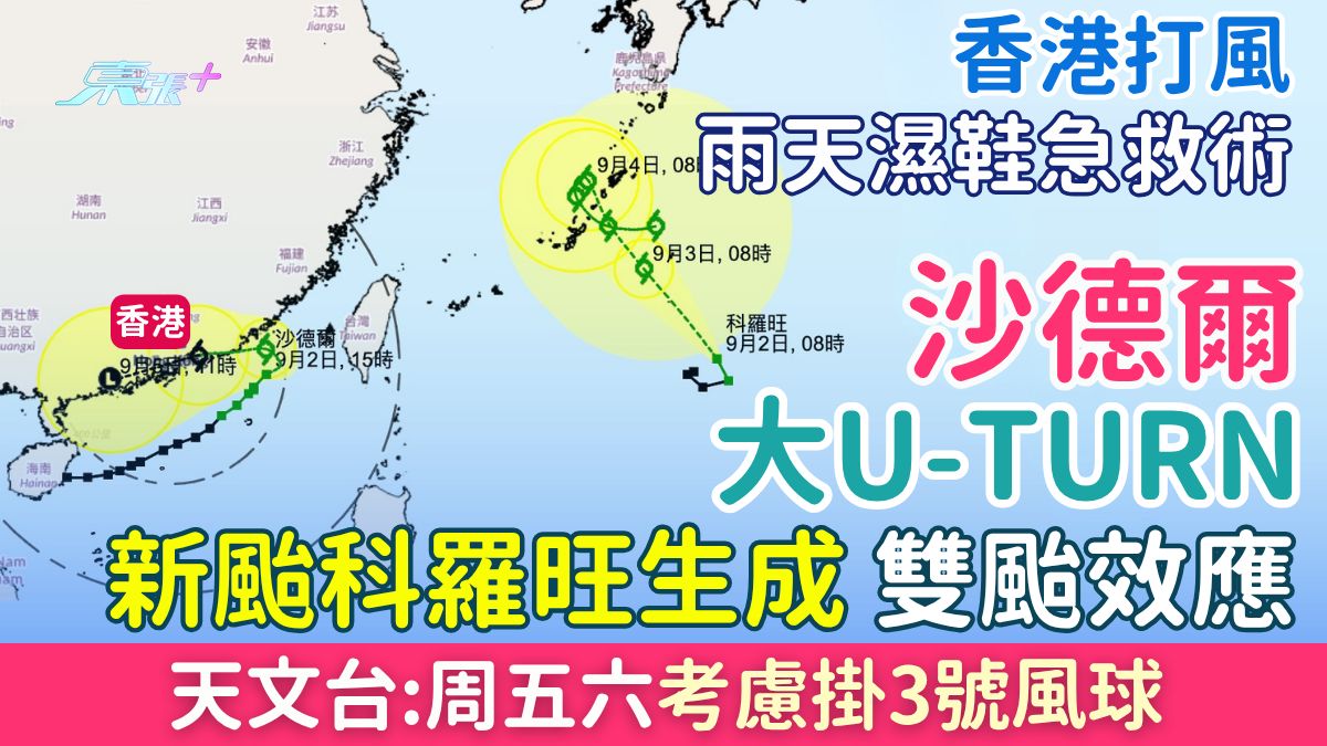 香港打風｜沙德爾大U-Turn 新颱科羅旺生成 雙颱效應 天文台周五六考慮掛3號風球 雨天濕鞋急救術