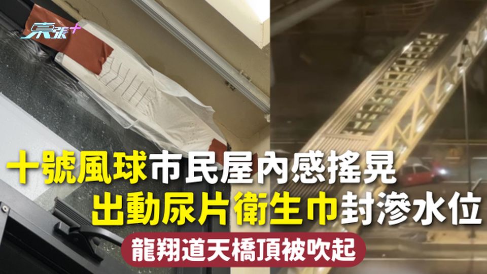 打風 | 十號風球市民屋內感搖晃 出動尿片衛生巾封滲水位 龍翔道天橋頂被吹起