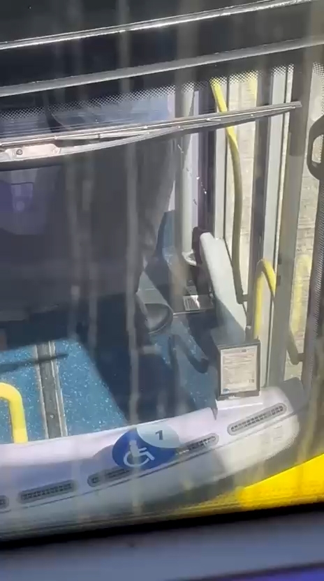 在一輛停泊的巴士內，一名疑似巴士車長在上客門旁小便。（觀眾報料影片截圖）