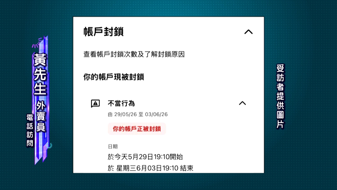黃先生指，由於餐廳的投訴，他被平台封鎖帳號5日無法接單。