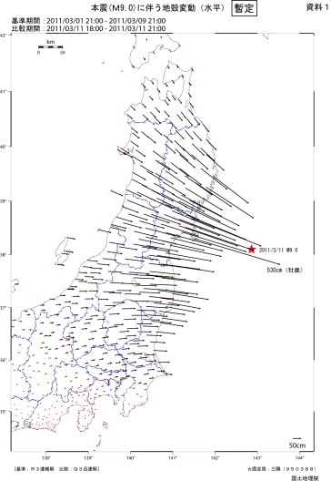 圖1 與地震相關的地殼形變（日本地理空間資訊管理局）