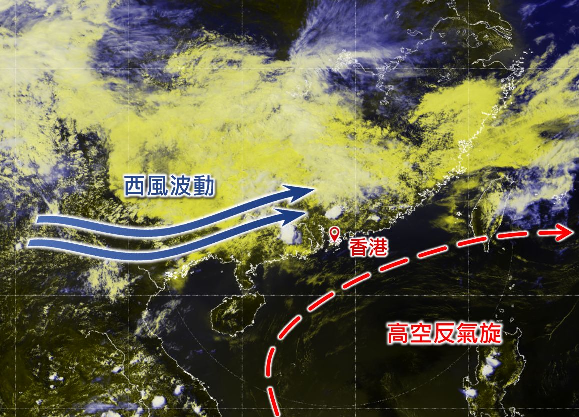 4月23日下午2時的衛星雲圖可見與西風波動相關的對流雲團正影響廣東內陸及中國西南部。(天文台)