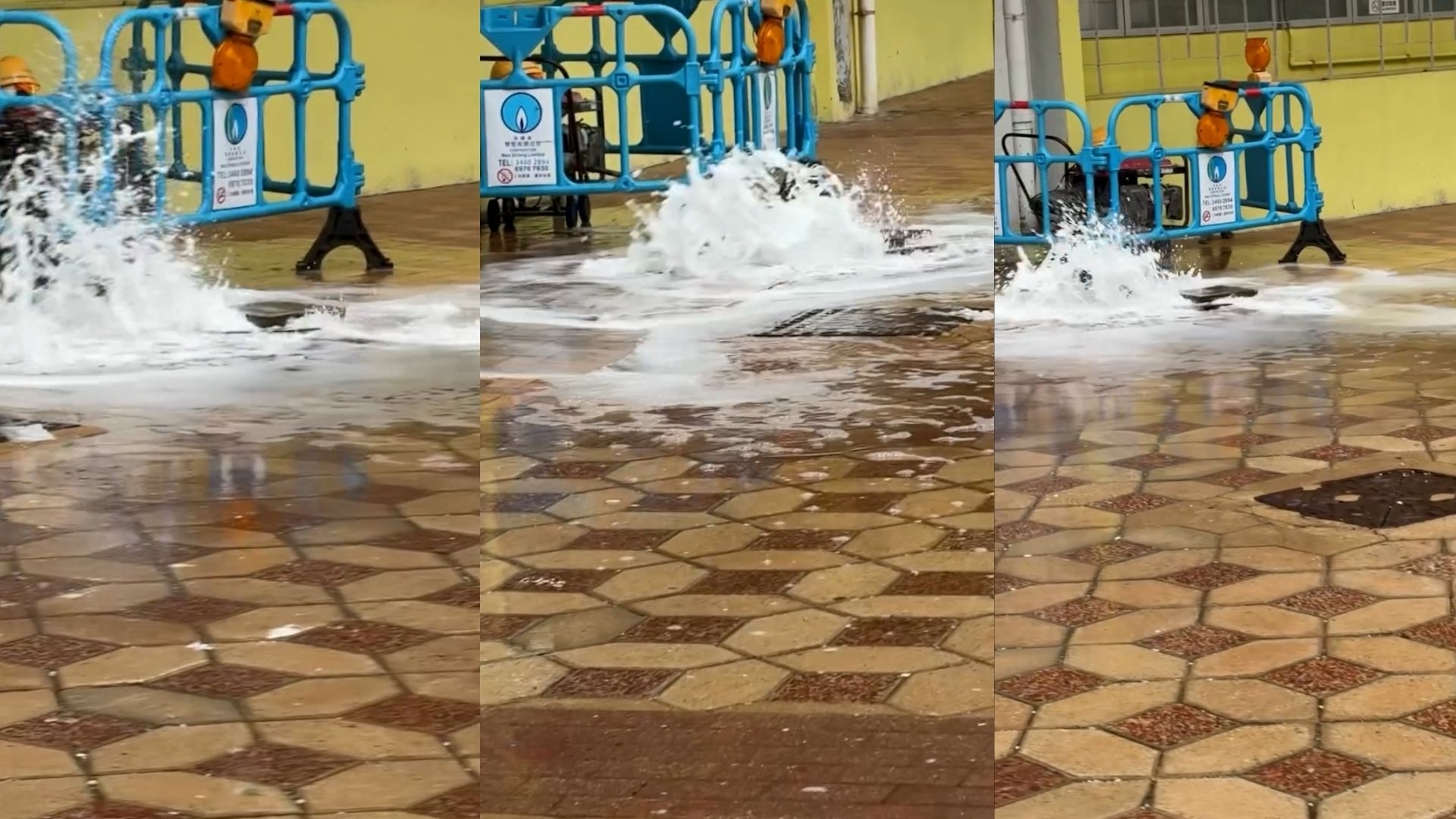 水柱從地下渠口強力湧出，四周已嚴重積水。