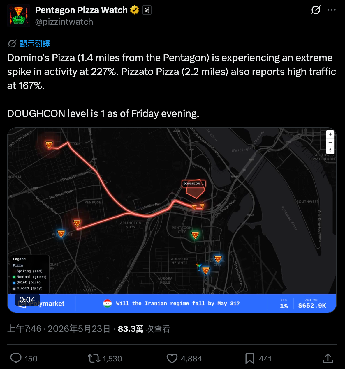 X平台帳號「五角大樓薄餅觀察」（Pentagon Pizza Watch）