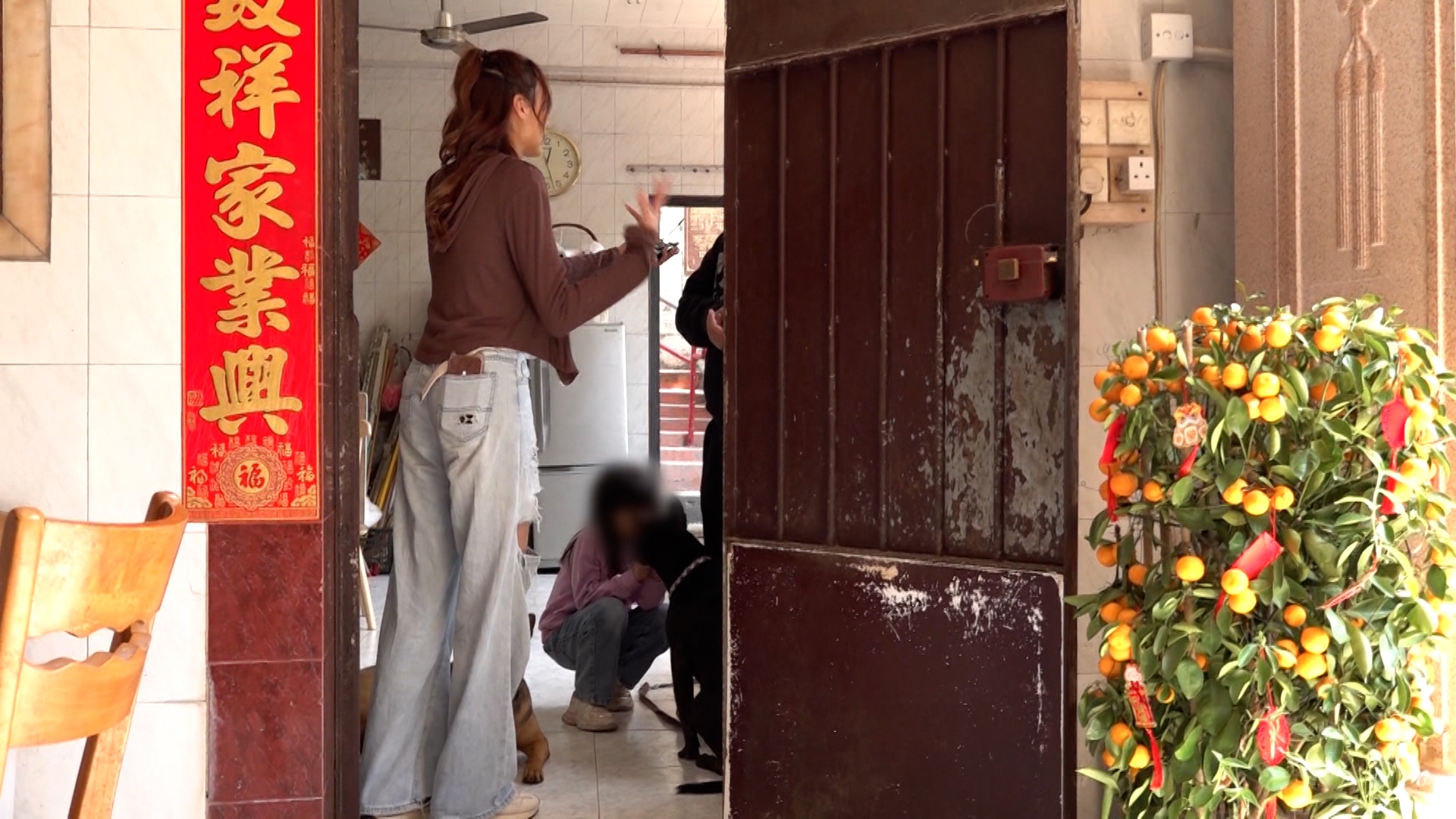 至於廟裏，就有兩隻褐色和黑色的中型犬，牠們戴上狗帶，還乖乖地待在主人旁邊，甚至小朋友還可以近距離跟牠們玩。