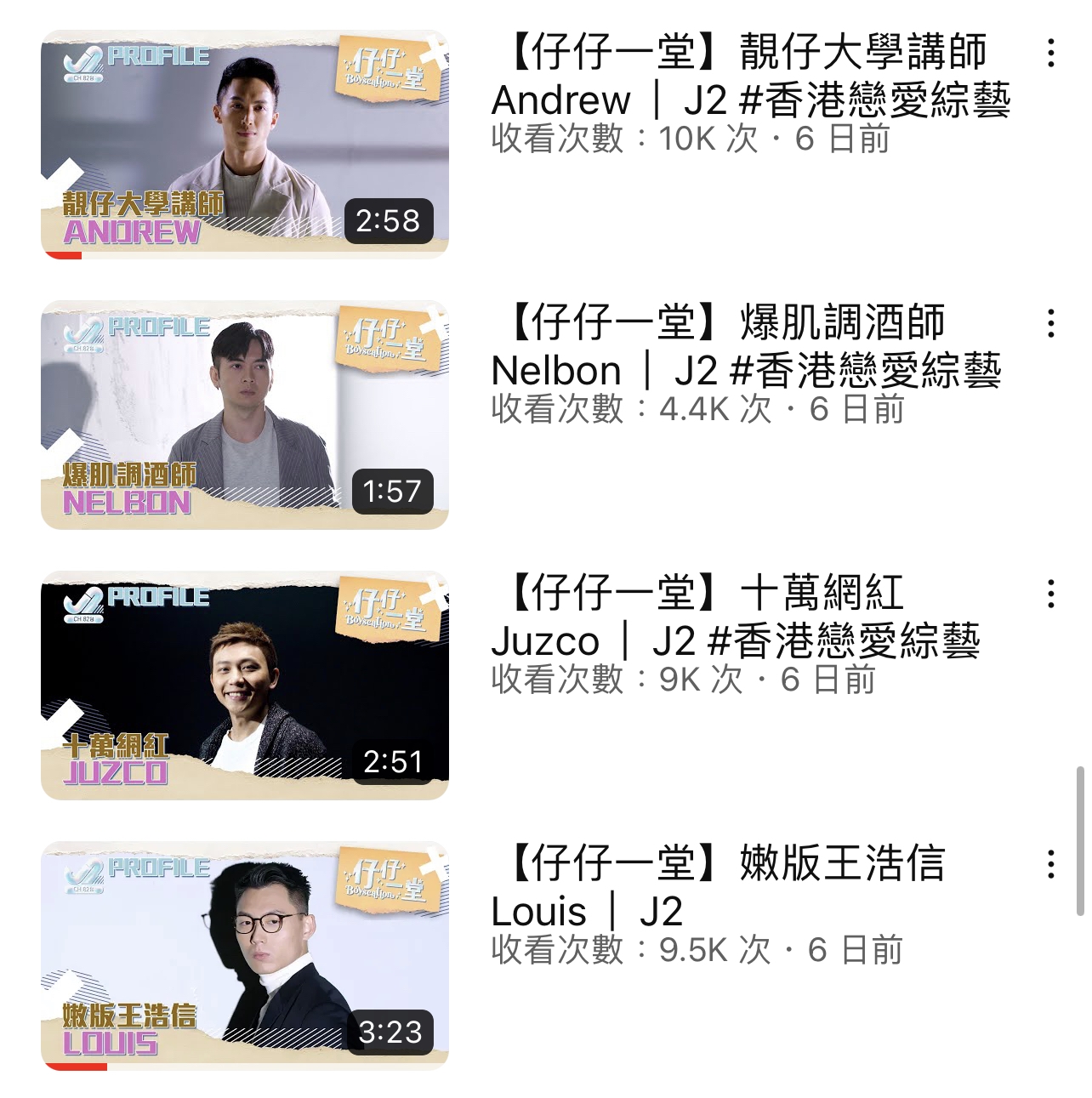 J2官方YouTube上載10條個人宣傳片，截止噚晚10點計算，點擊頭三位排名暫時依次為Andrew、Louis及Juzco。