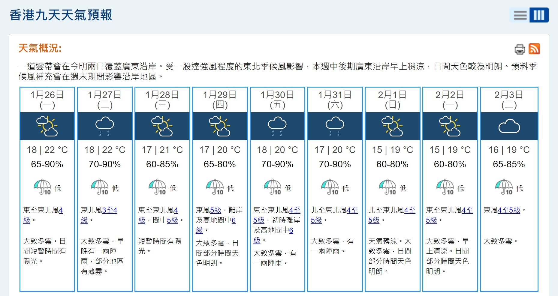 香港九天天氣預報｜香港天文台