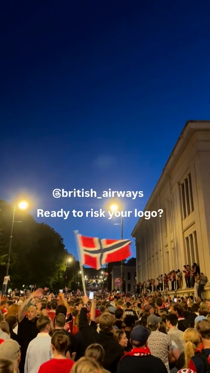 挪威穿梭航空發帖，表示想與英國航空打賭，若然挪威擊敗英格蘭，英國航空就要在周日把自己帳號的頭像，換成挪威穿梭航空頭像，為期一日，反之亦然。（Instagram影片截圖／@flynorwegian）