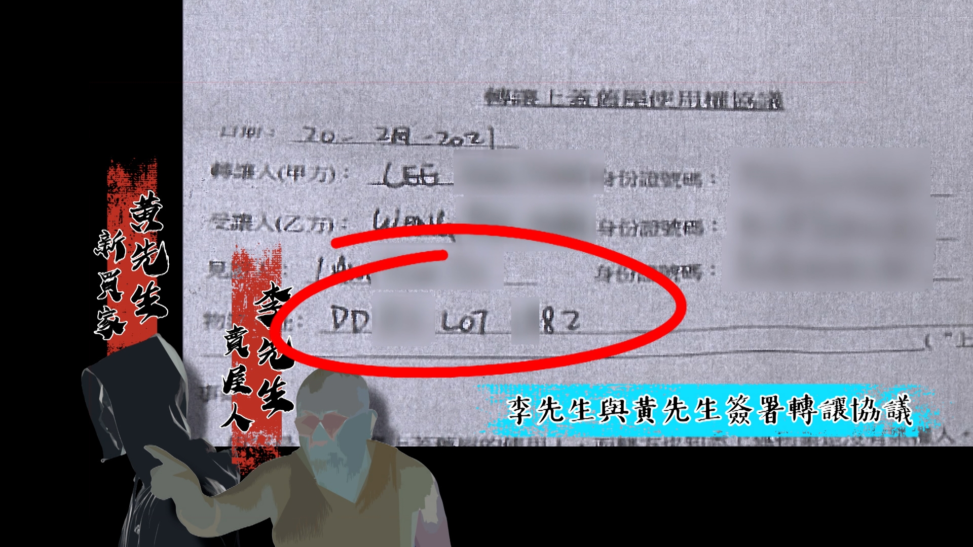 根據黃生提供的轉讓協議可見，是李生將地段編號尾數82的物業，以60萬港元轉讓給黃生，而簽約日期為2021年2月20日。