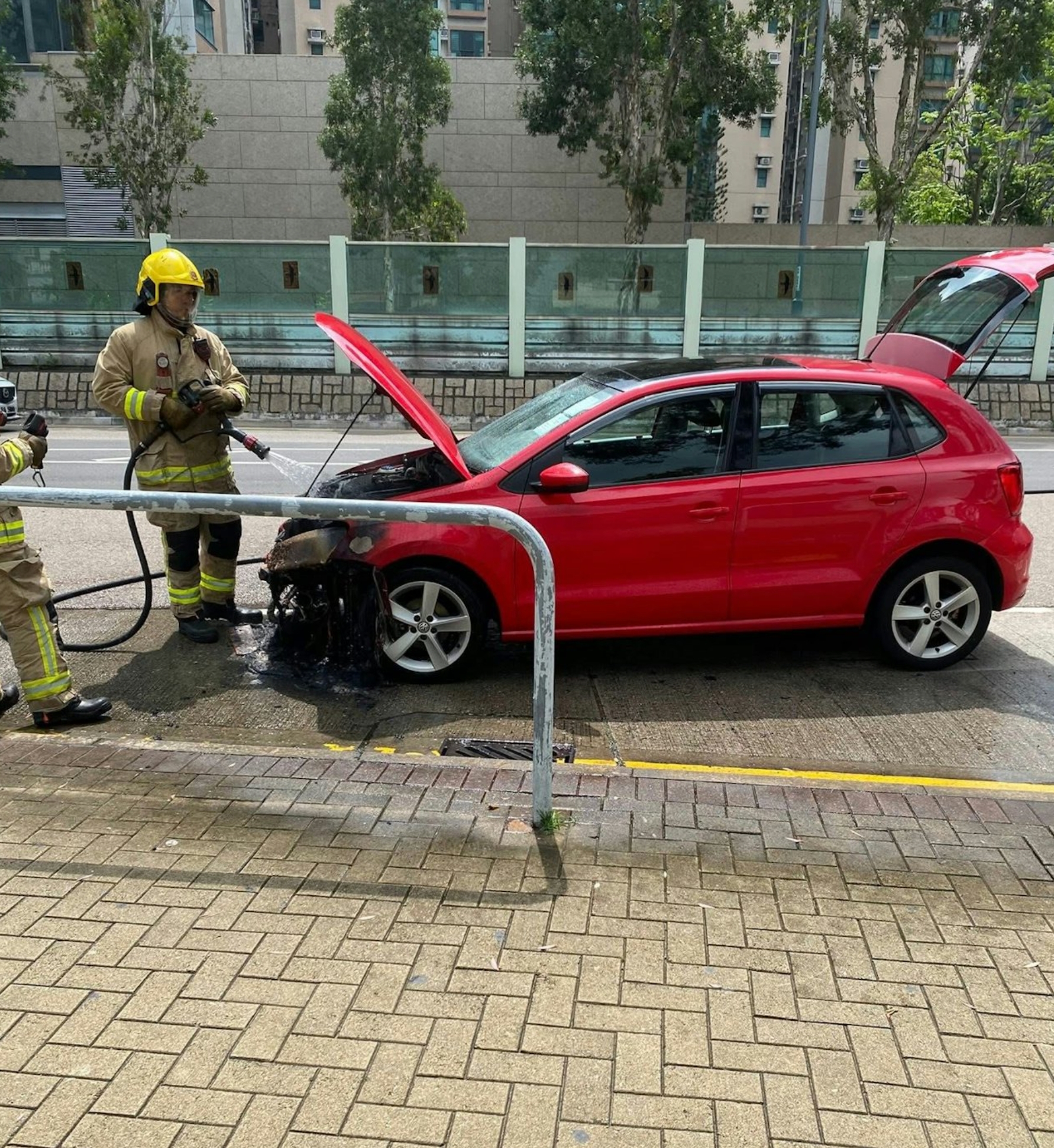 元朗鳳麒路紅色私家車起火　消防到場灑水灌救 （網上圖片）