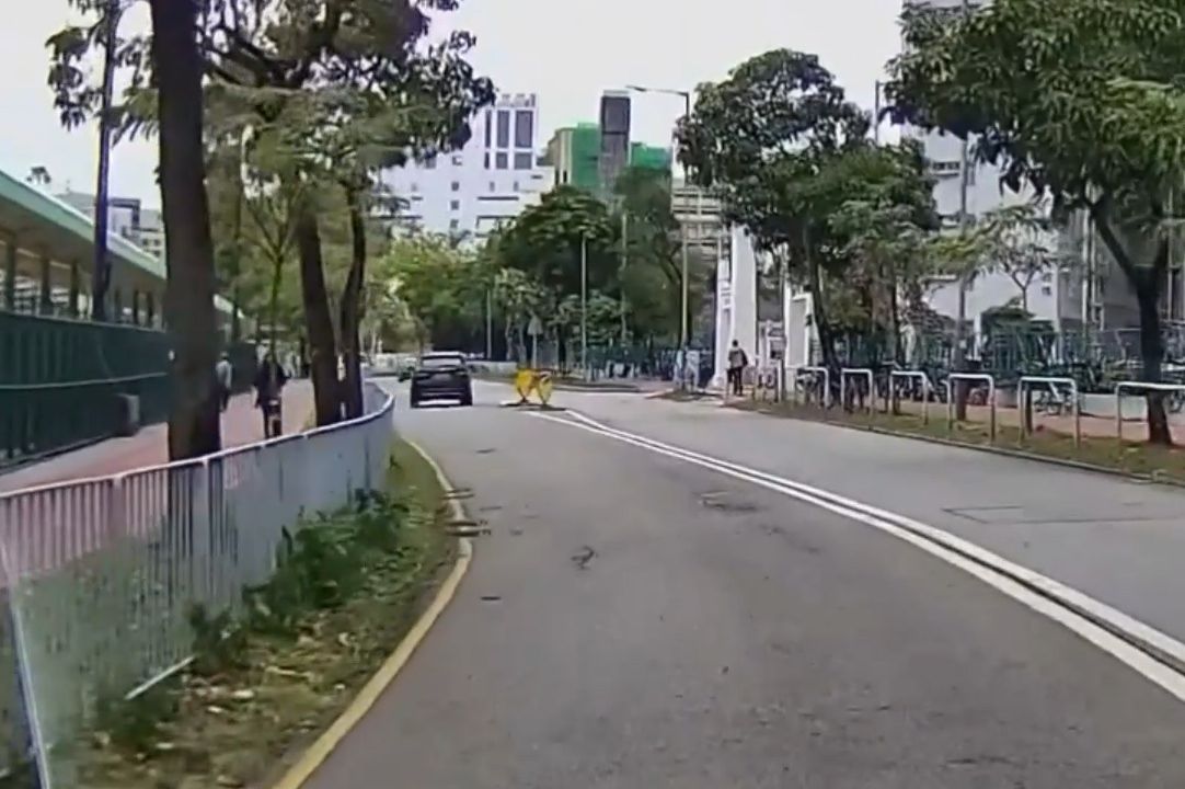 香港男子違規過馬路跨欄，慘變「另類炒車」過程全拍下。(影片截圖)