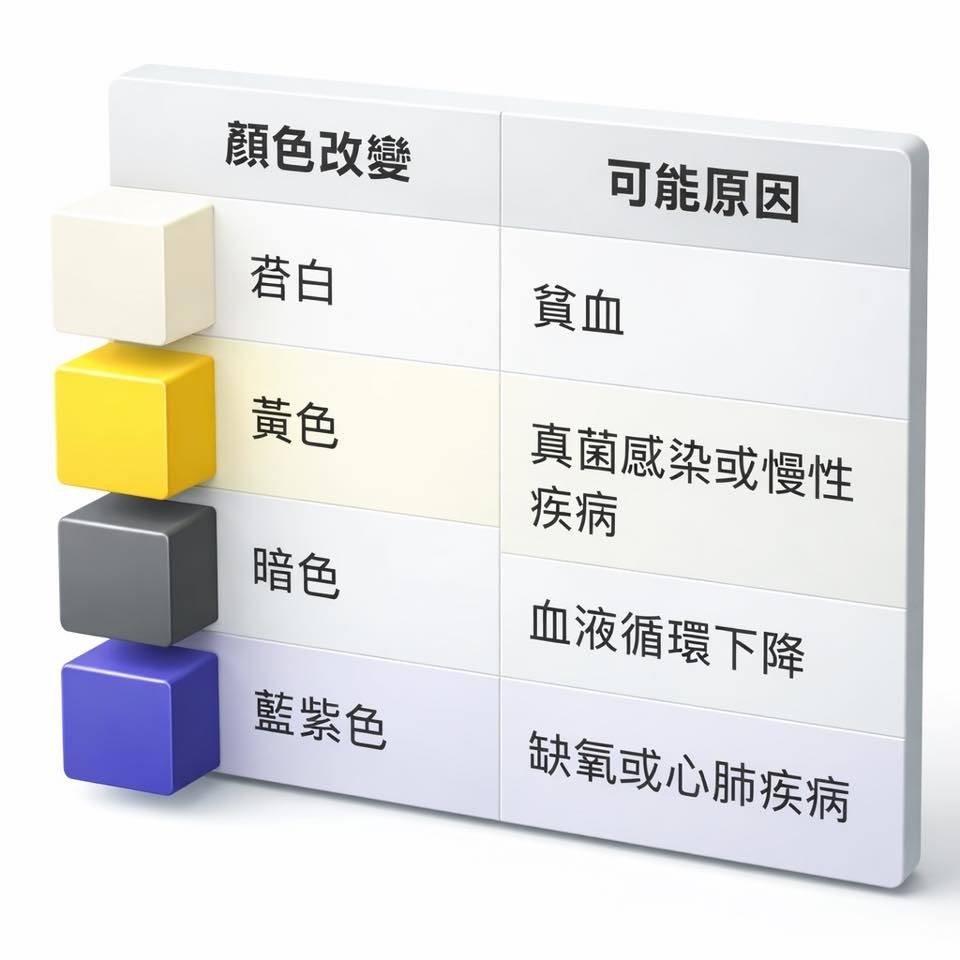 May be an image of text that says '顔色改變 蒼白 可能原因 貧血 黃色 暗色 疾病 真菌感染或慢性 藍紫色 血液循環下降 飲氧或心肺疾病'