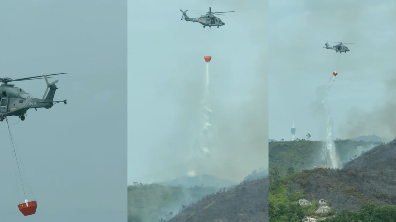 從影片可見，消防員徒步登山撲救火勢，直升機則在空中盤旋，進行多次灑水行動，試圖控制火勢蔓延。