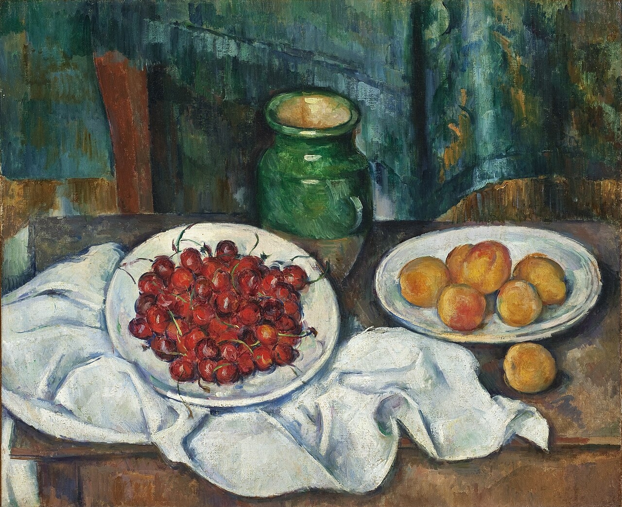 塞尚（Paul Cezanne）畫作《櫻桃和桃子》。（維基百科）