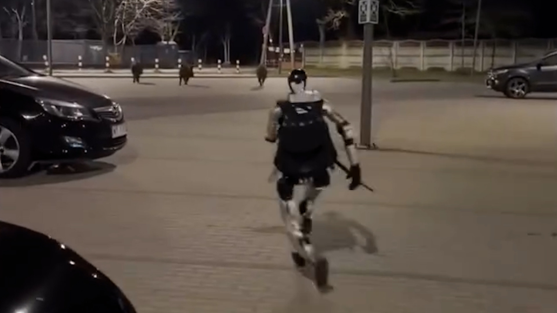 夜間街頭出現「人形機械人」追趕野豬　3小豬慌忙奔跑　原來由中國企業研發？