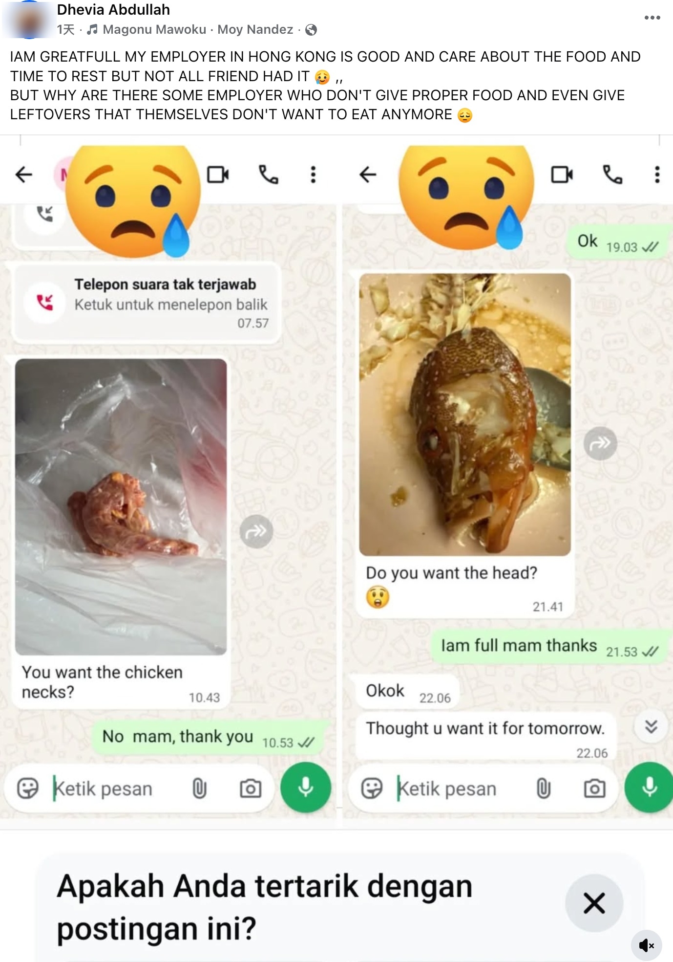印傭網上控訴遭僱主逼食雞骨魚骨　聊天截圖曝光　姐姐們怒轟：將工人當機械人 （Facebook群組）