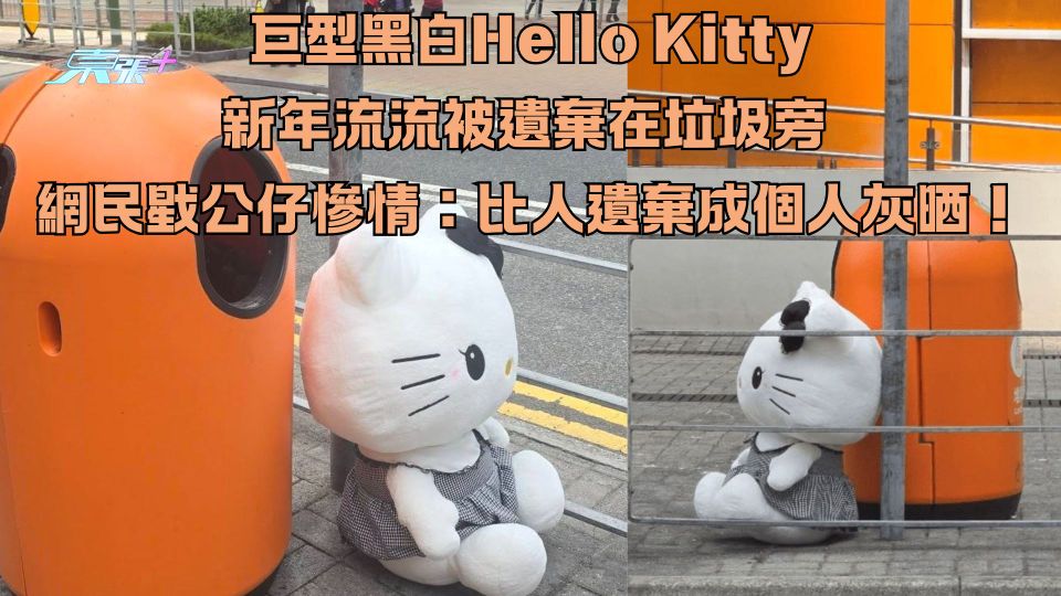 巨型黑白Hello Kitty新年流流被遺棄在垃圾旁 網民戥公仔慘情：比人遺棄成個人灰晒