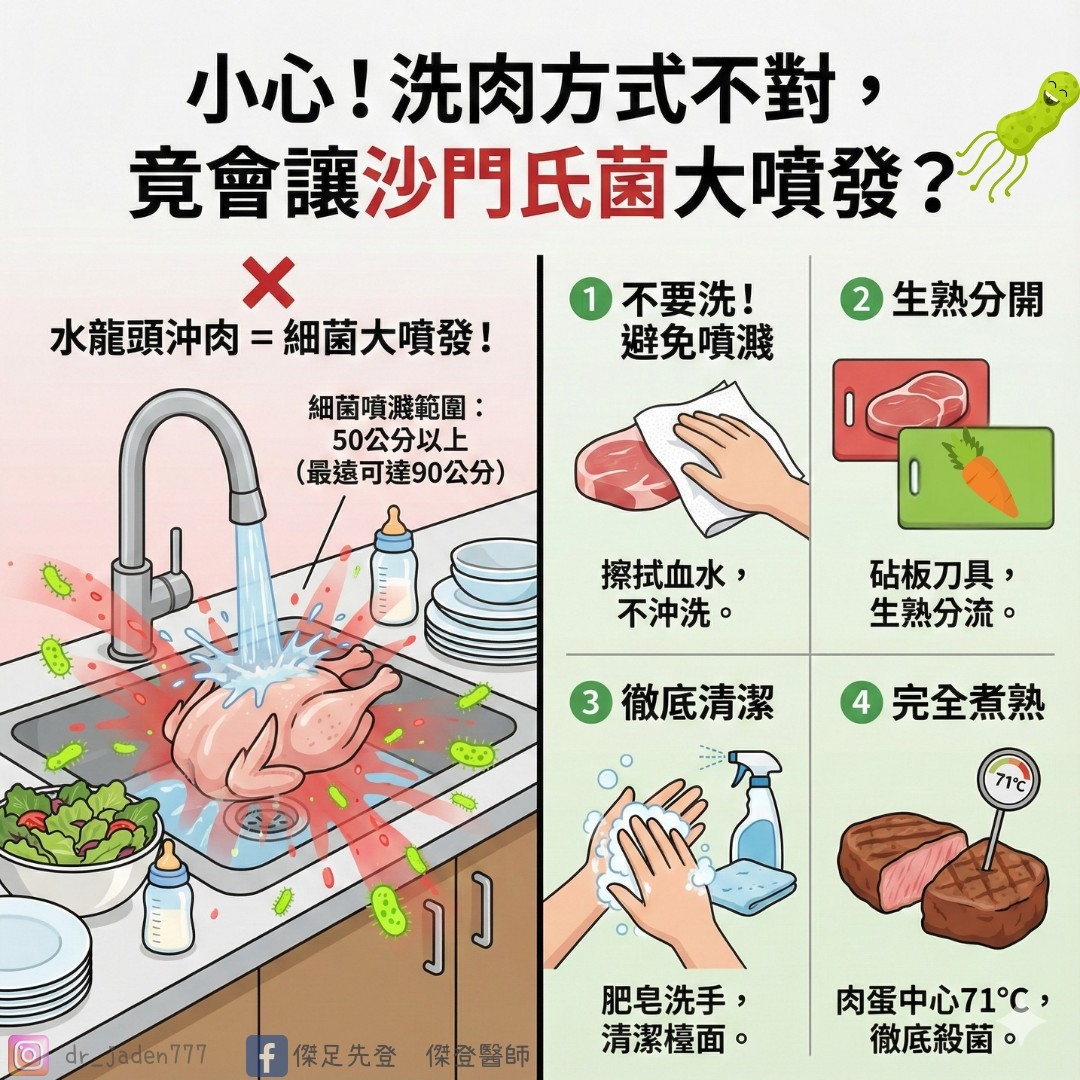 May be an image of text that says '小心！ 洗肉方式不對， 竟會讓沙門氏菌大噴發？ x 水龍頭冲肉 龍頭沖肉=細菌大噴發！ =細菌大噴發！ 2 不要洗！ 避免噴潑 生熟分開 細菌噴灘範圍： 50公分以上 （最遠可達90公分） 擦拭血水， 不冲洗。 砧板刀具， 生熟分流。 3 徹底清潔4完全煮熟 4 完全煮熟 徹底清潔 肥皂洗手，肉蛋中心71C， 肥皂洗手， 肉蛋中心71C， @/cm低更先登保图時清潔種面。 f 傑足先登 drjaden777 清潔橙面。 傑登醫師 徹底殺菌。'