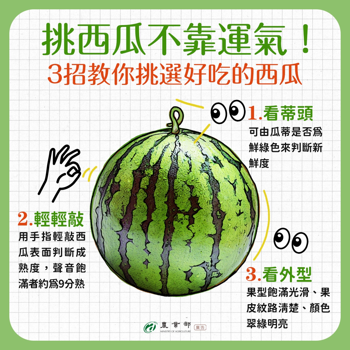 May be an image of ‎watermelon and ‎text that says '‎ို 挑西瓜不靠運氣！ 3招教你挑選好吃的西瓜 001.看蒂頭 01 看蒂頭 可由瓜蒂是否為 鮮綠色來判斷新 鮮度 ولل 2.輕輕敲 2. 用手指輕敲西 瓜表面判斷成 熟度， ，聲音飽 滿者約為9分熟 ១ 3.看外型 3. 果型飽滿光滑 果 皮紋路清楚、 顔色 翠綠明亮 お業量部 華 部 廣告 mm6rи MMSNTO AGREULTR‎'‎‎