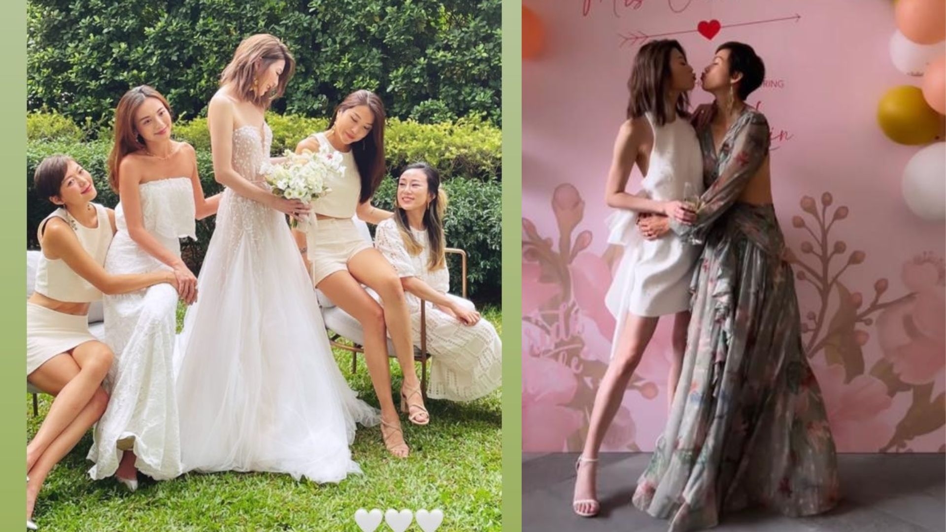 連詩雅另一造型係著上靚靚婚紗,跟同樣穿上白色dress code嘅好姊妹黎紀君及梁諾妍等擺甫士影相。
