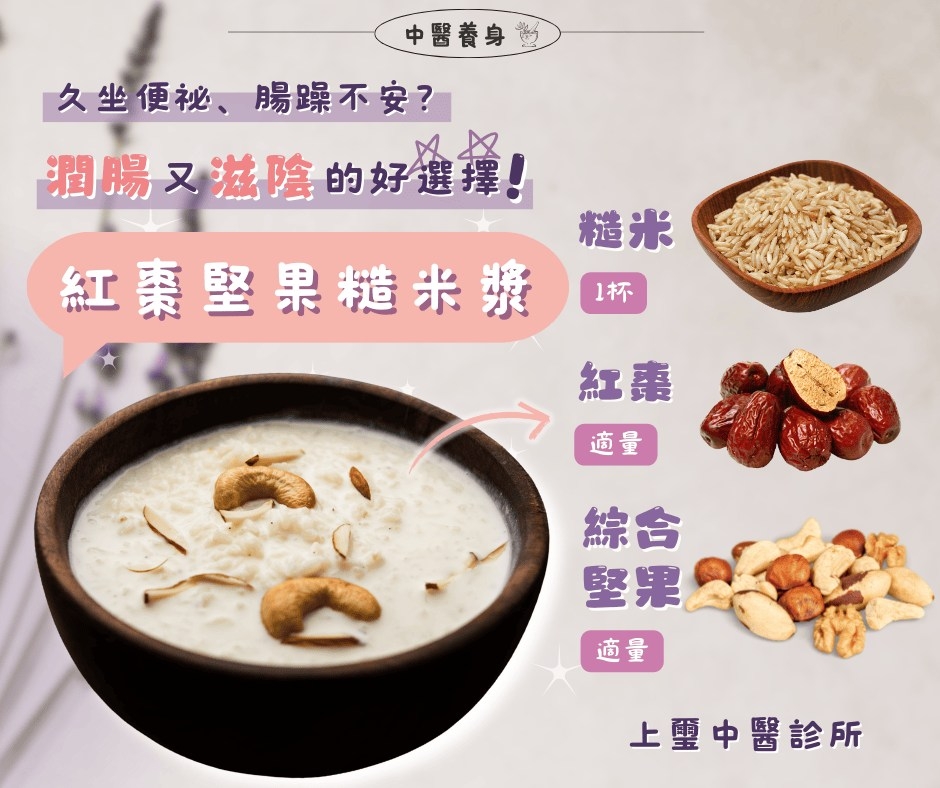 May be an image of congee, tofu and text that says '中醫養身 久坐便秘、 久坐價秘、腸躁不安？ 腸躁不安？ 潤腸又滋陰的好選擇！ 紅 紅棗堅果糙米漿 糙米 1杯 紅囊 適量 綜合 堅果 適量 上要中醫診所'