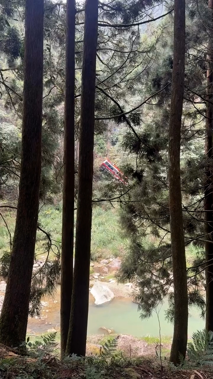 旅遊巴墮谷的位置相當險峻，在巴士停下的位置附近，就是滿布巨石的溪谷。（Threads影片截圖／templechen）