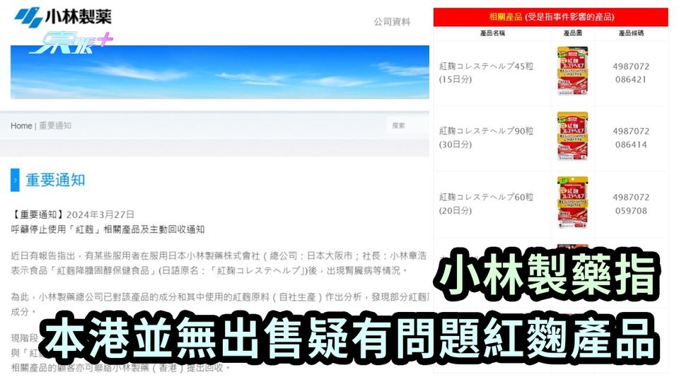 小林製藥指 本港並無出售疑有問題紅麴產品