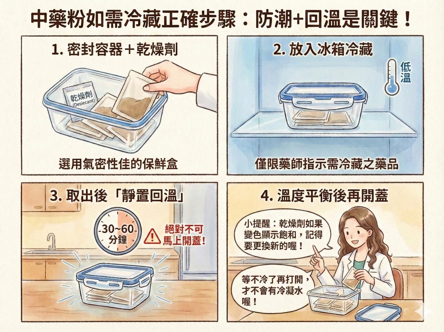 May be an image of clothes iron and text that says '中藥粉如需冷藏正確步驟 實粉如需冷藏正確步骤：防潮+回温是關鍵 ：防潮+回溫是關鍵！ 防潮+ 1. .密封容器+乾燥劑 乾燥劑 乾燥劑 Desiecant) 2. .放入冰箱冷藏 月語 低 優 溫 選用氣密性佳的保鮮盒 3.取出後「靜置回溫」 3. 3.取出後 取出後 「靜置回溫」 僅限藥師指示需冷藏之藥品 4. 溫度平衡後再開蓋 -30~60- 分！不司 ! 馬上開蓋！ 絕對不可 分鐘 小提醒：乾燥劑如果 小提醒 變色顯示飽和， 記得 要更換新的喔！ 等不冷了再打開 才不會有冷凝水 喔！'