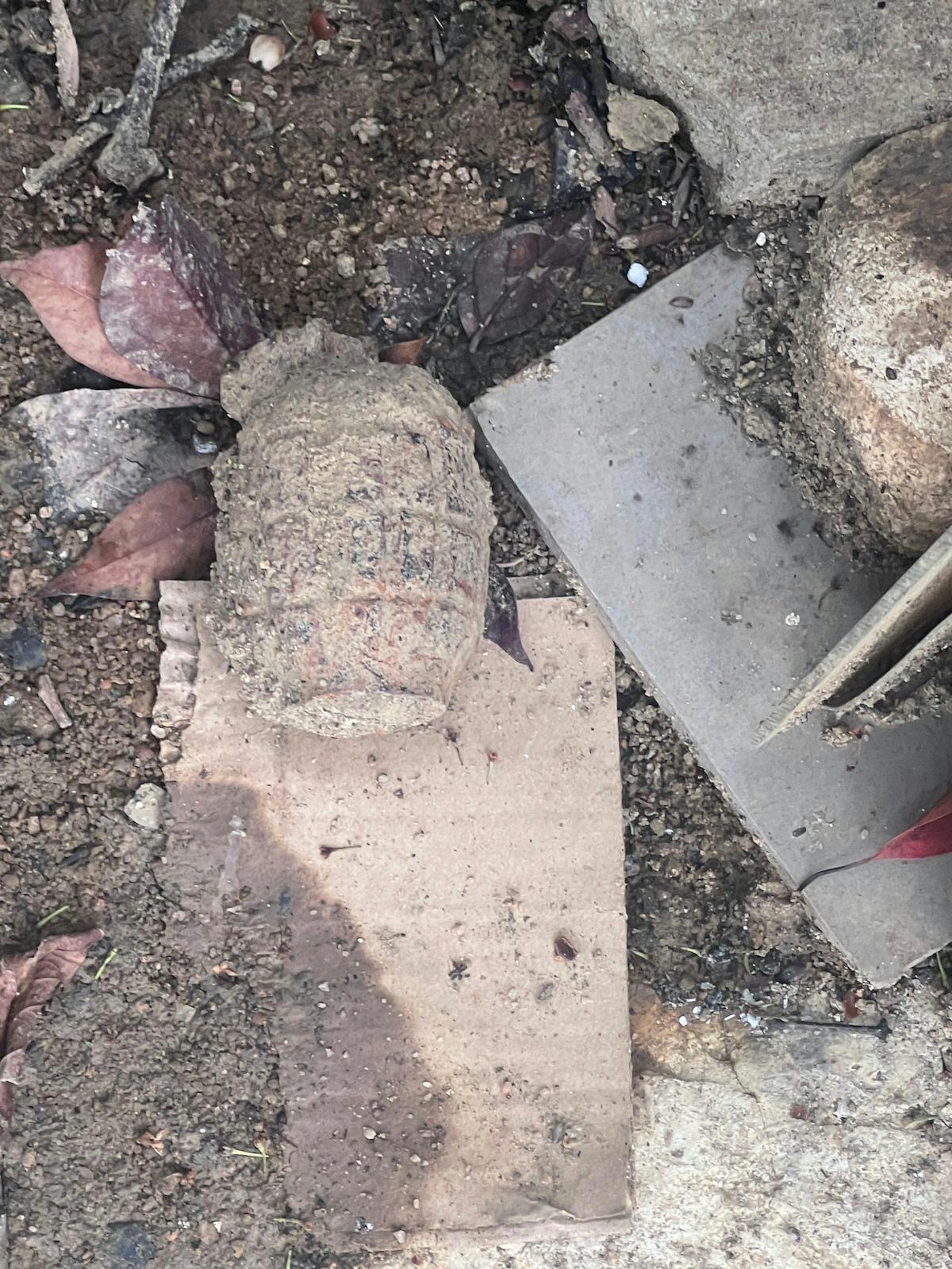 警方爆炸品處理課（EOD）奉召到場，證實被發現的是一個長約九厘米的英軍36M手榴彈，人員將其安全處理。（警方圖片）