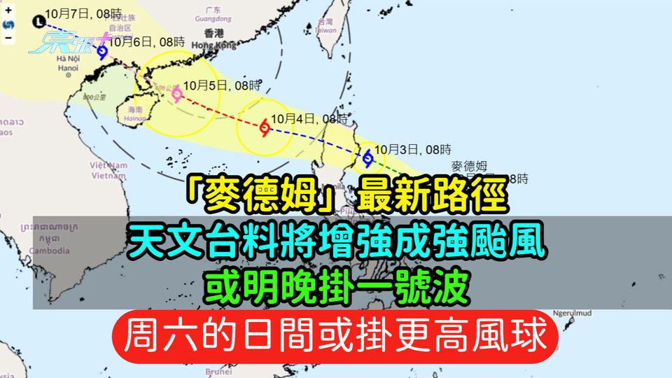 「麥德姆」最新路徑 | 天文台料將增強成強颱風  或明晚掛一號波周六的日間或掛更高風球