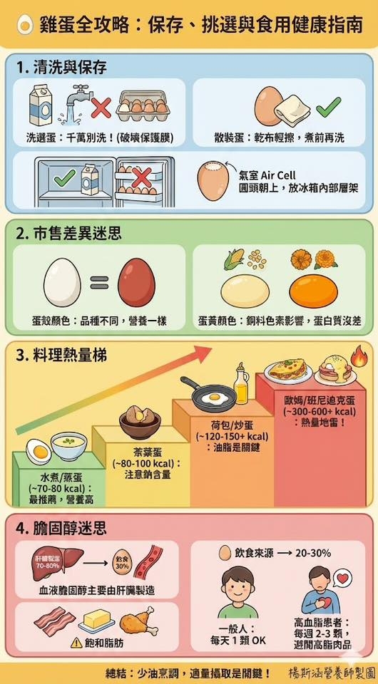 May be an image of video games and text that says '鷄蛋全攻略： 雞蛋全攻略：保存、挑選與食用健康指南 保存、 挑選與食用健康指南 .清洗與保存 洗選蛋 洗邀蛋：千萬別洗!（破绩保護膜） 千萬別洗 （破.保護膜) 散装蛋 散装置：乾布輕擦，煮前再洗 乾布輕擦 煮前再洗 氣室AirCell Cell 圓頭朝上， 上，放冰箱内部層架 2. 市售差異迷思 000 O= 蛋规照色：品種不同，營養一樣 蛋敖顏色 品種不同， 營養一樣 蛋黃颜色 銅料色素影響， 登設明色：品藏不用，想就一供否美晚色：期料色清彩響，蛋金膜眾差 蛋黃颜色：鋼料色素影響，蛋白質沒差 蛋白質沒差 3. 料理熱量梯 歐媽/班尼迪克蛋 （-300-600+ 600+ kcal) ：熱量地雷！ 荷包/炒蛋 (~120-150+k kcal) ：油脂是關鍵 茶慕蛋 (~80-100 kcal) 注意銷含量 水煮/蒸蛋 (~70-80 kcal) 最推薦，營養高 最推薦 营養高 膽固醇迷思 研橋乾湿 70-80% 30% 飲食來源 飲食來源→20-30% → 20-30% 血液脆固醇主要由肝購製造 Δ ！飽和脂肪 一般人： 每天 每天1類OK 高血脂患者： 每週2-3顆， 避開高脂肉品 総結： 少油烹調 適量攝取是開鍵！ 楊斯涵營養師製圖'